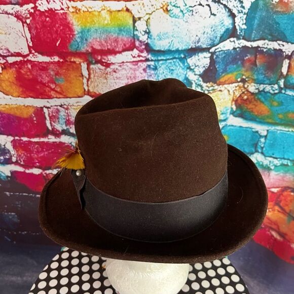 Vintage Morfelt Men's Fedora 100% Wool Hat  Dark Brown  Feathers size Small - Picture 2 of 6